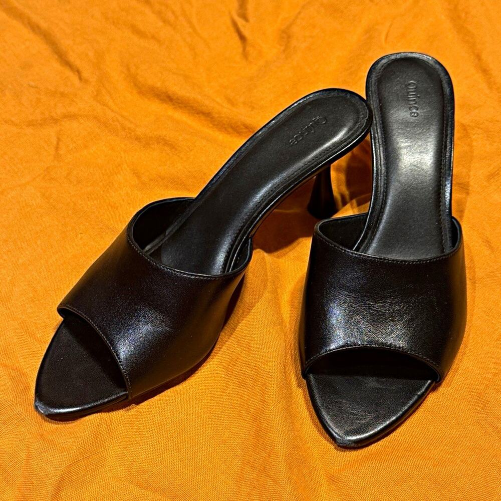 Quince Women’s Black Italian Leather Peep Toe Stiletto 65mm Mule Heels 9.5